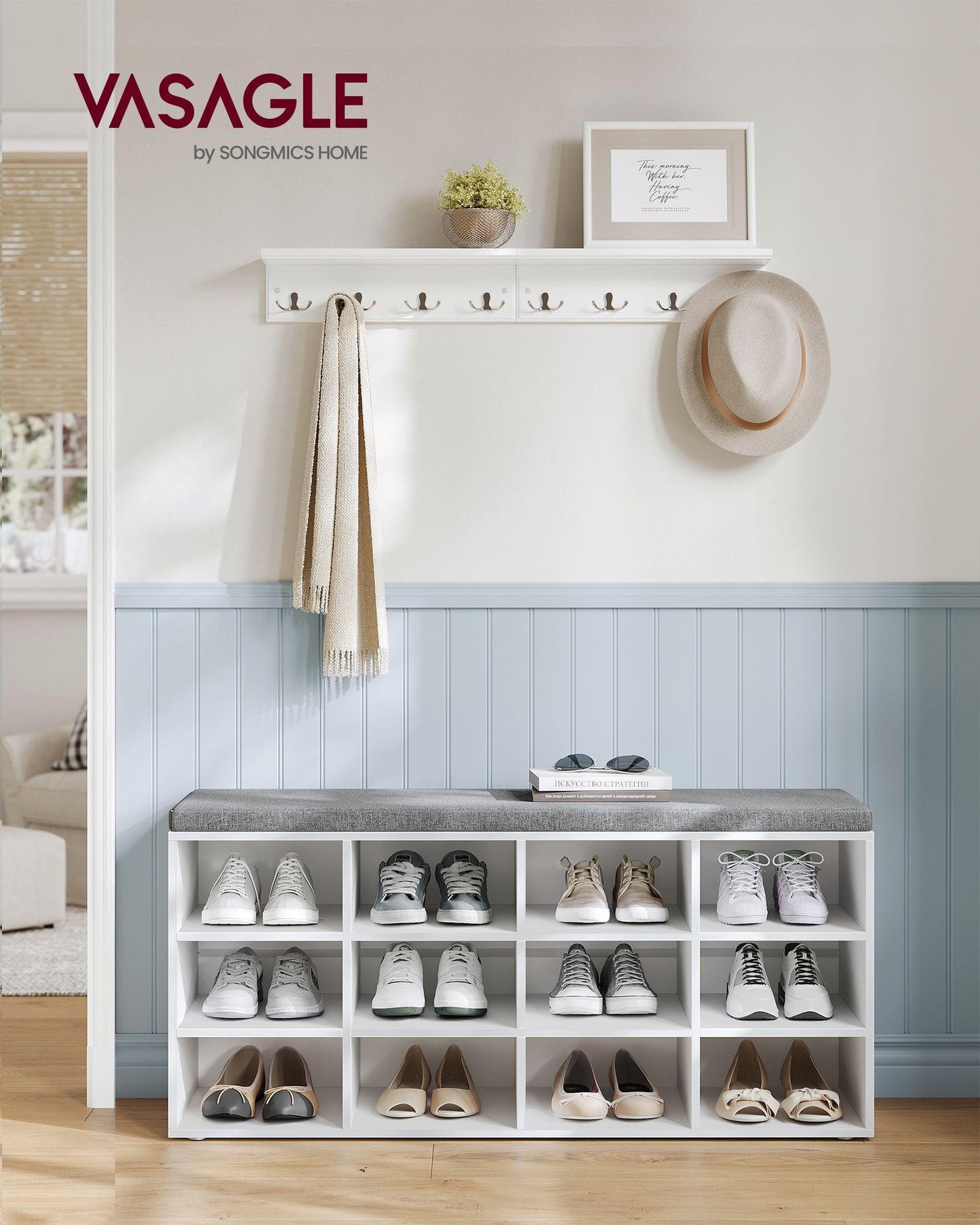 Shoe Bench with Cushion White and Gray FredCo