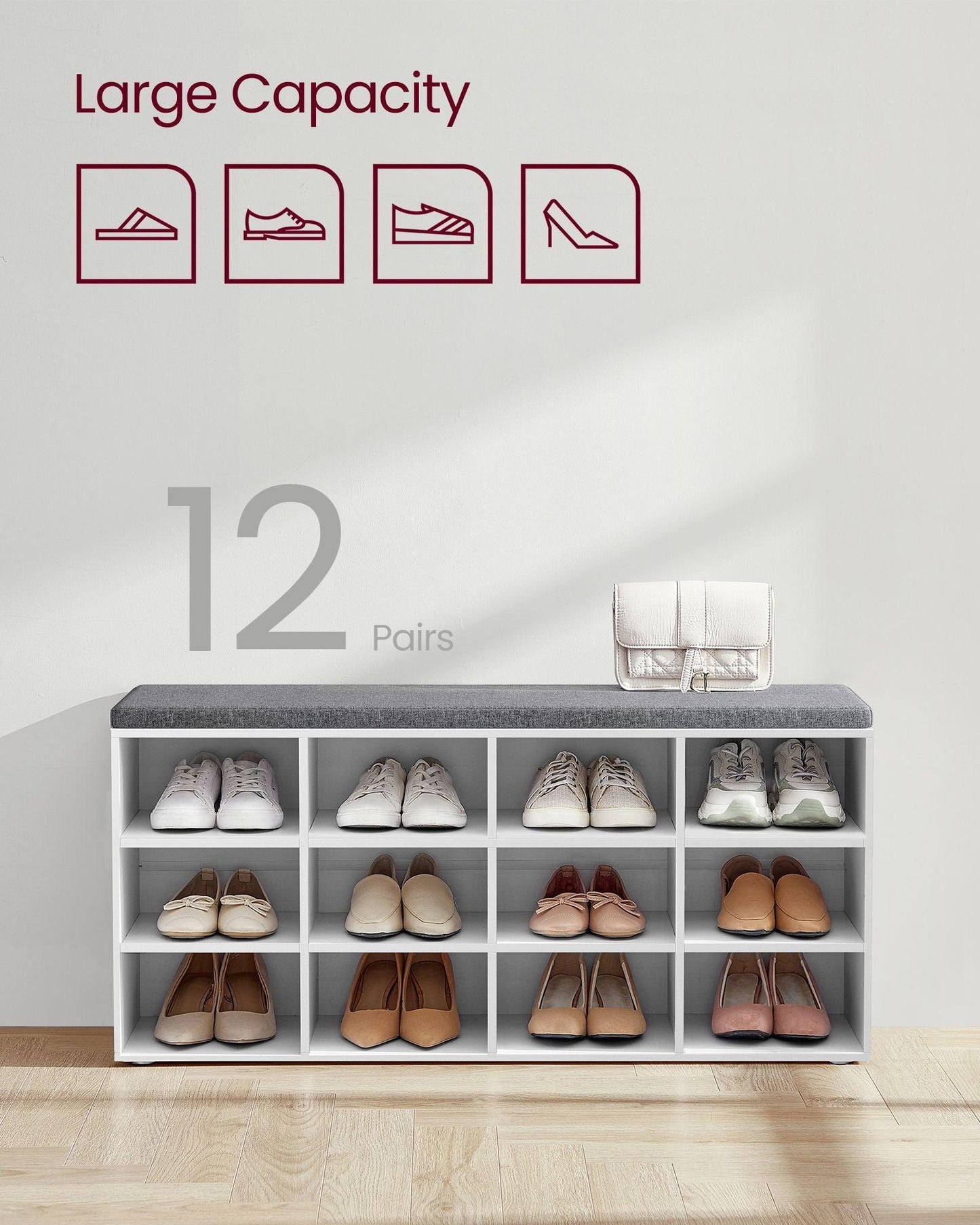 Shoe Bench with Cushion White and Gray FredCo