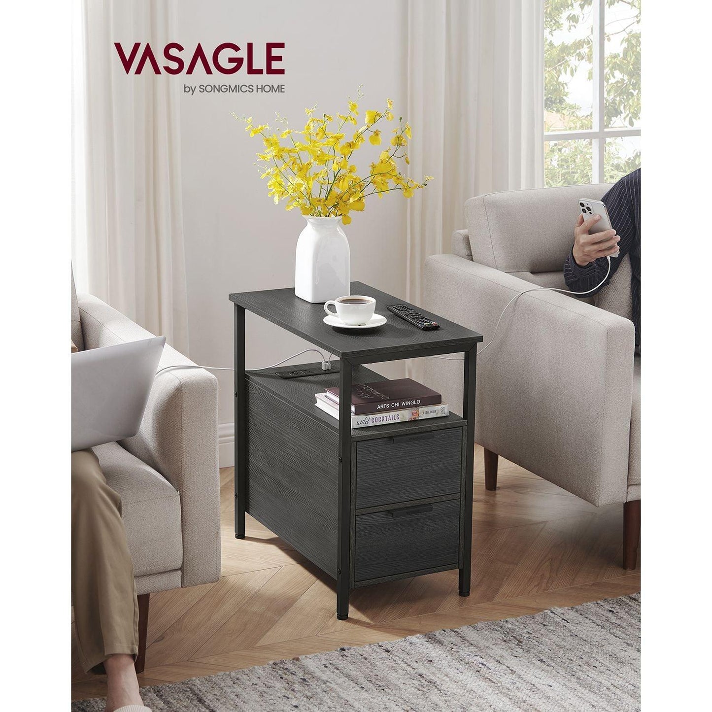 Side Table with Charging Station Black FredCo