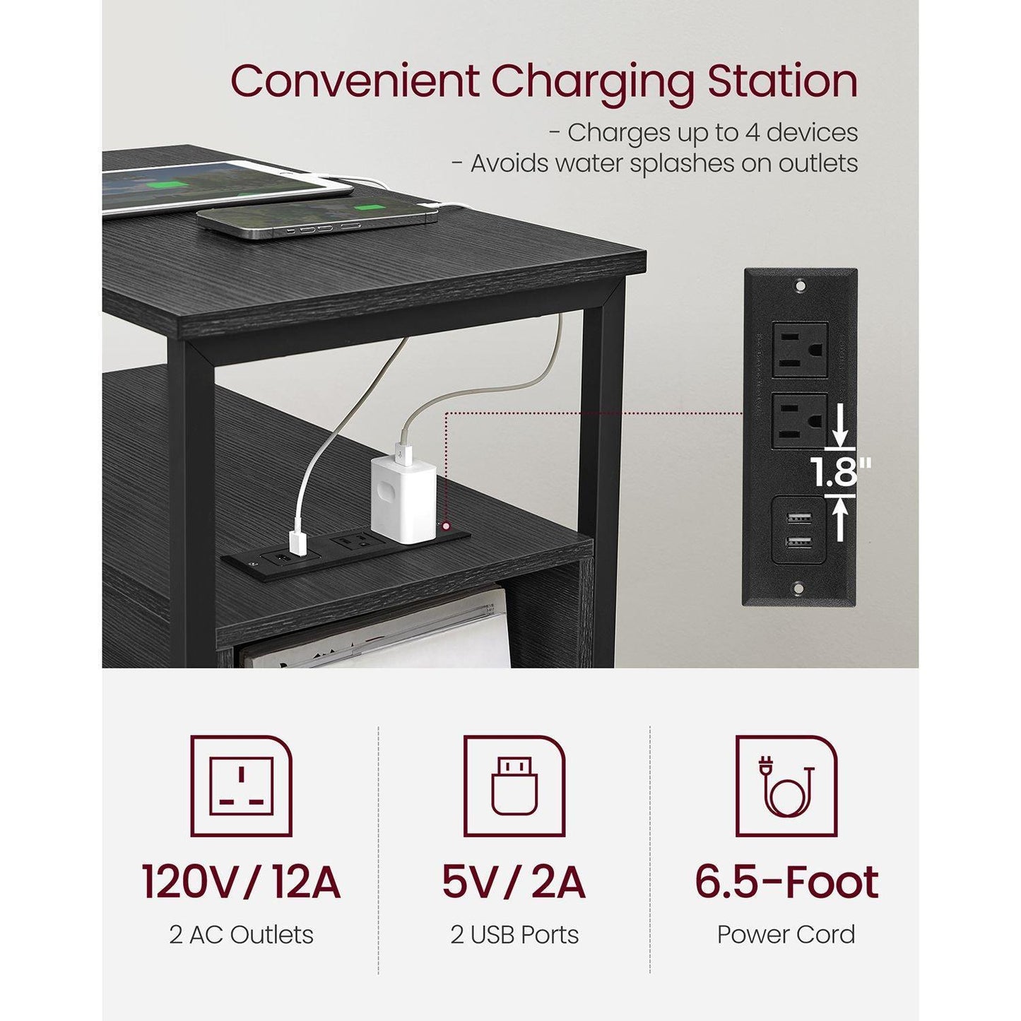 Side Table with Charging Station Black FredCo