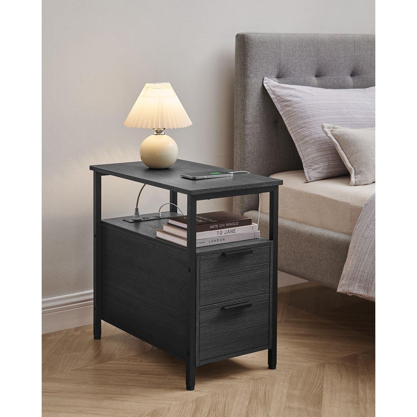 Side Table with Charging Station Black FredCo