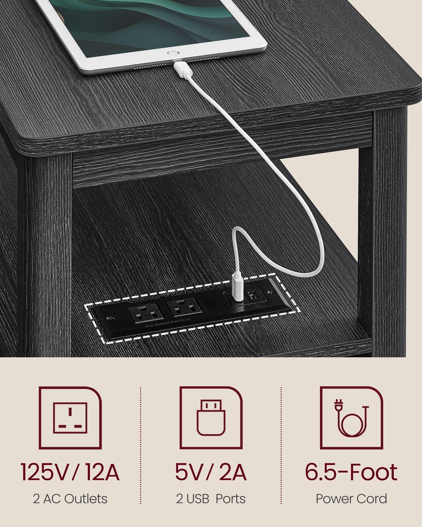 Side Table with Charging Station Charcoal Gray FredCo