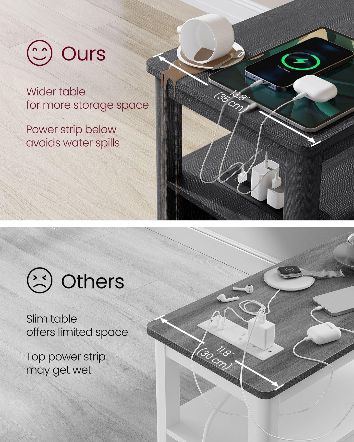 Side Table with Charging Station Charcoal Gray FredCo