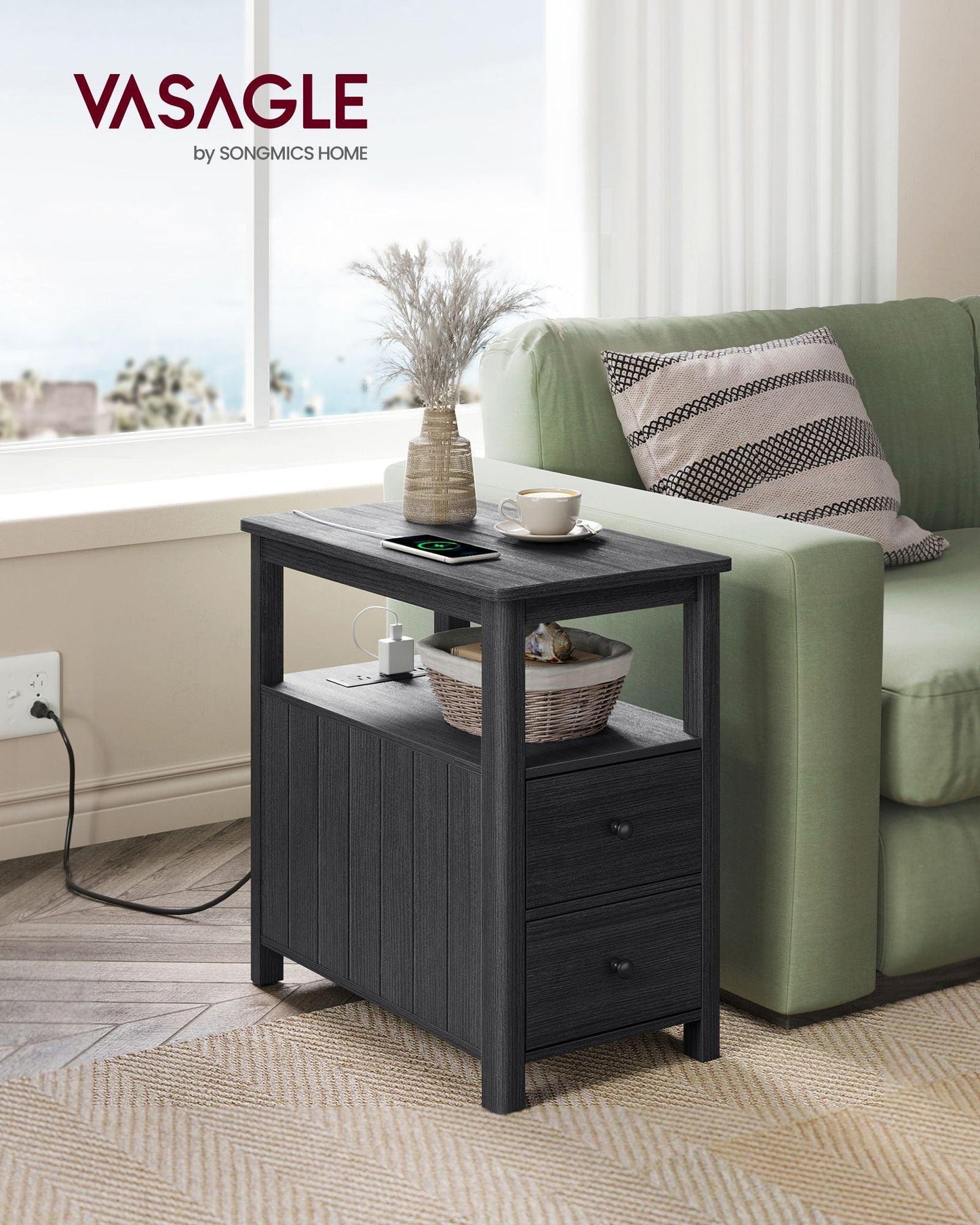 Side Table with Charging Station Charcoal Gray FredCo
