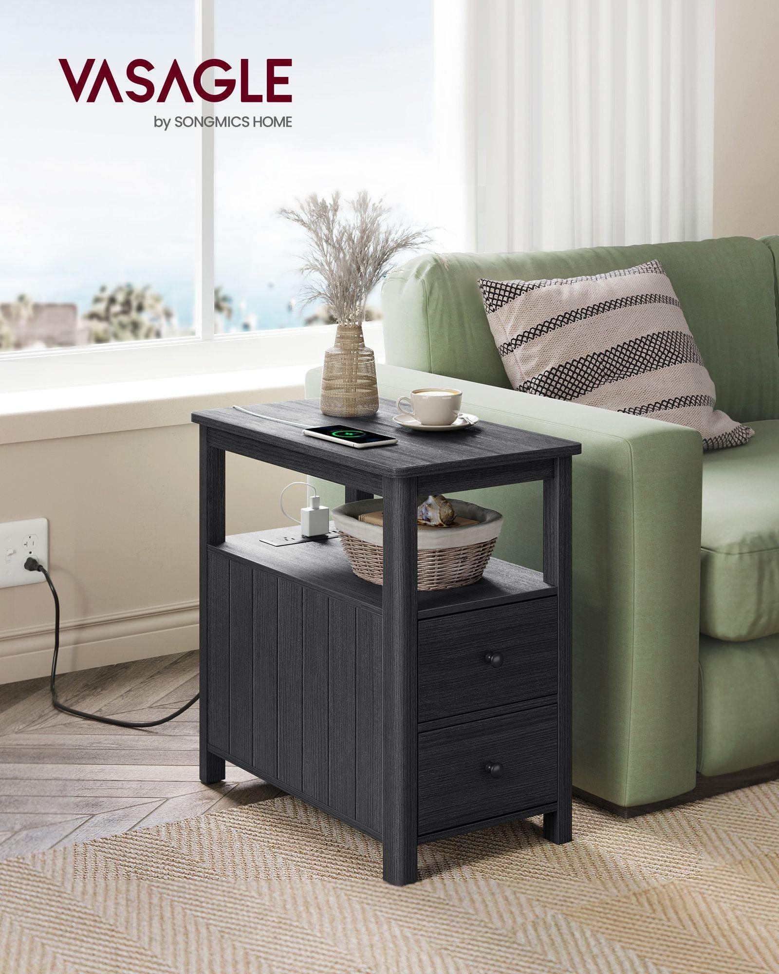 Side Table with Charging Station Charcoal Gray FredCo