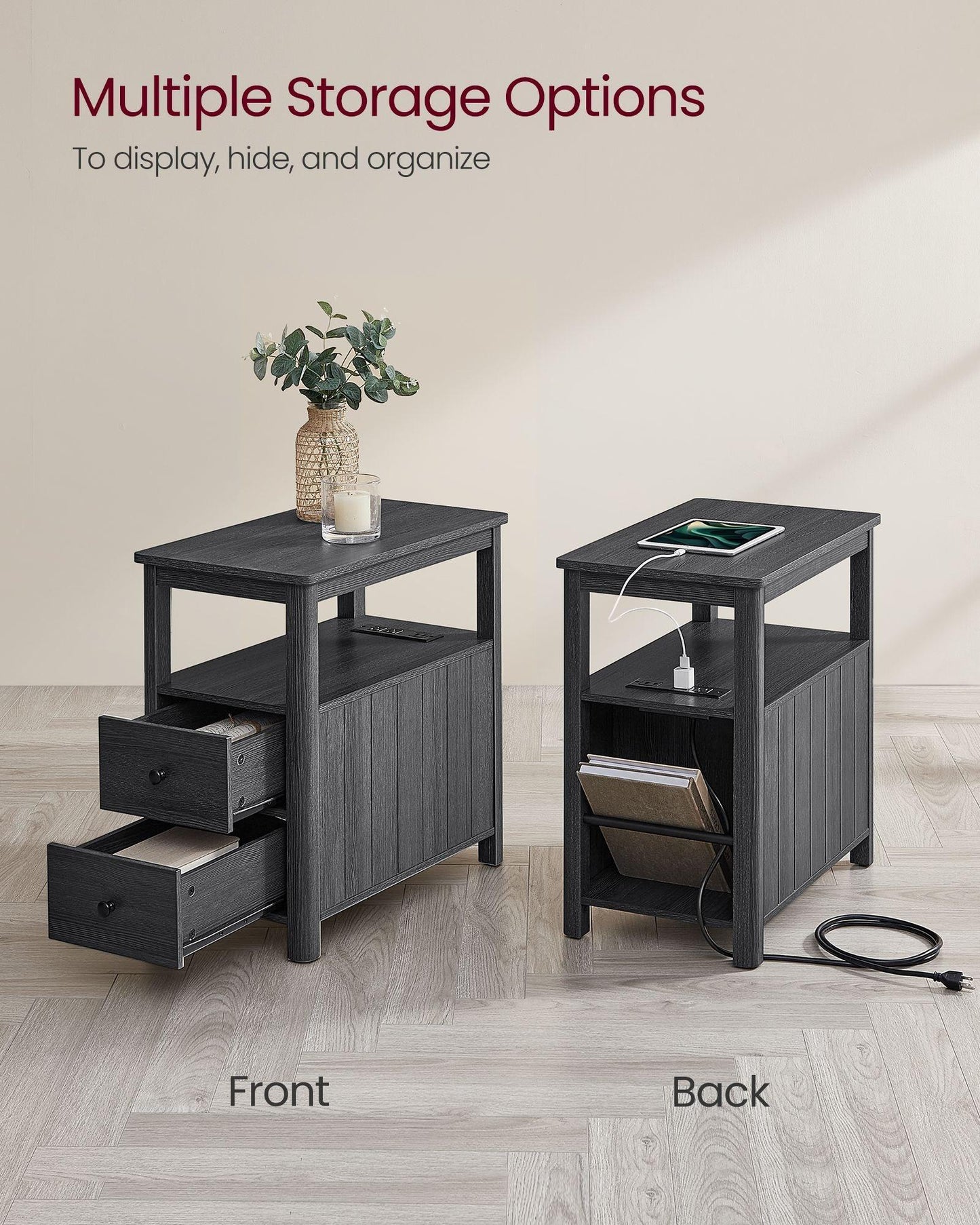 Side Table with Charging Station Charcoal Gray FredCo
