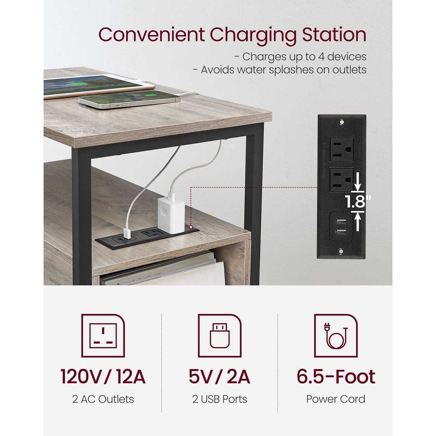 Side Table with Charging Station Greige and Black FredCo