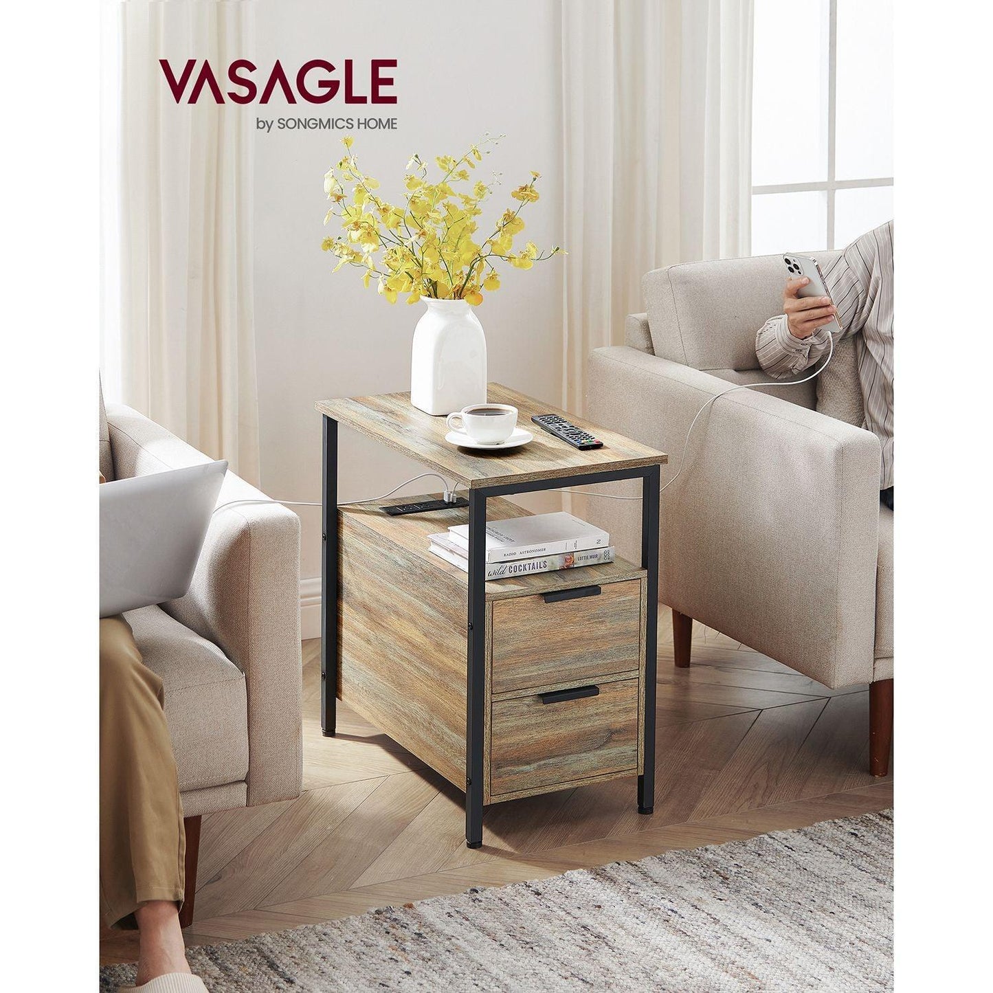 Side Table with Charging Station Oak with Blue Grains and Black FredCo