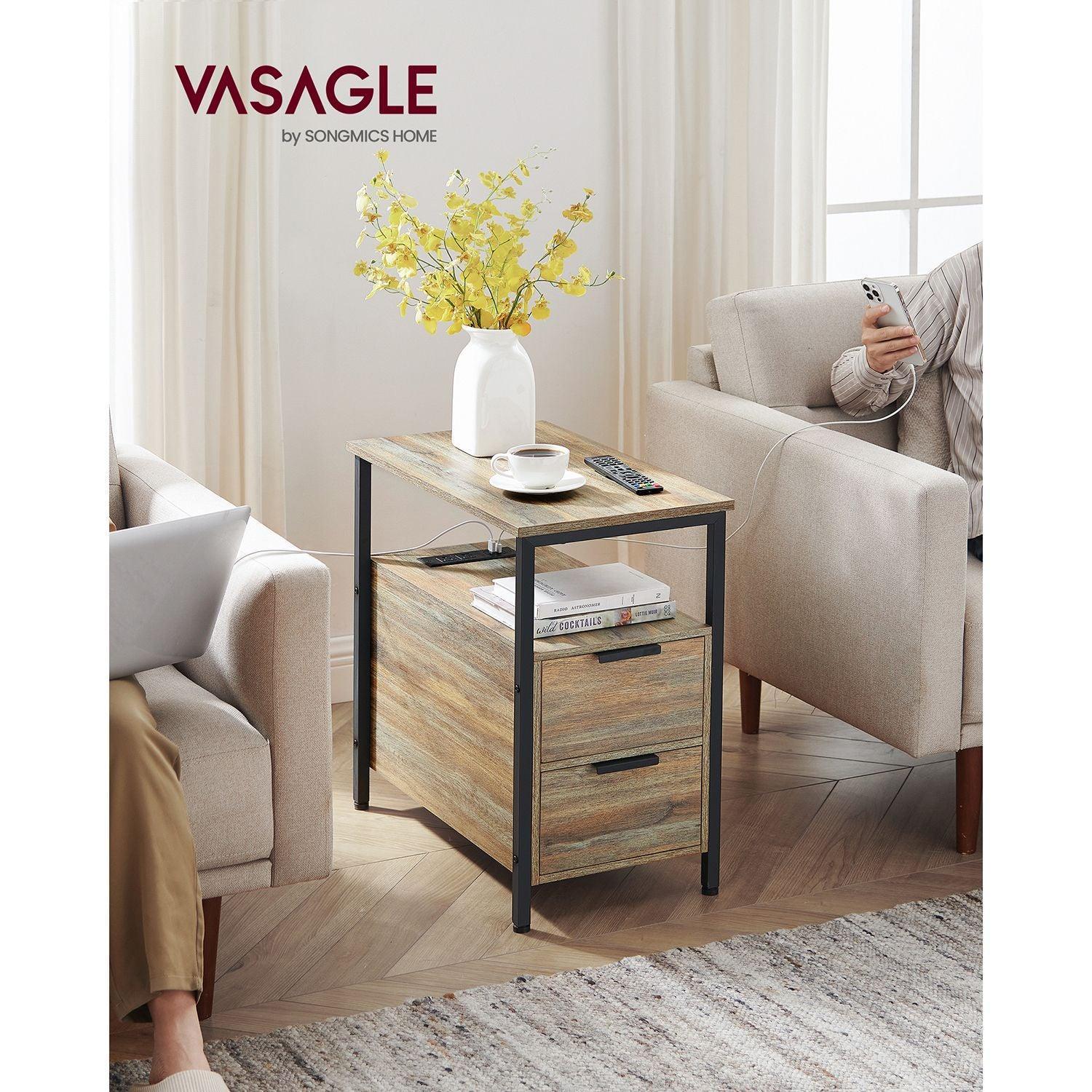 Side Table with Charging Station Oak with Blue Grains and Black FredCo