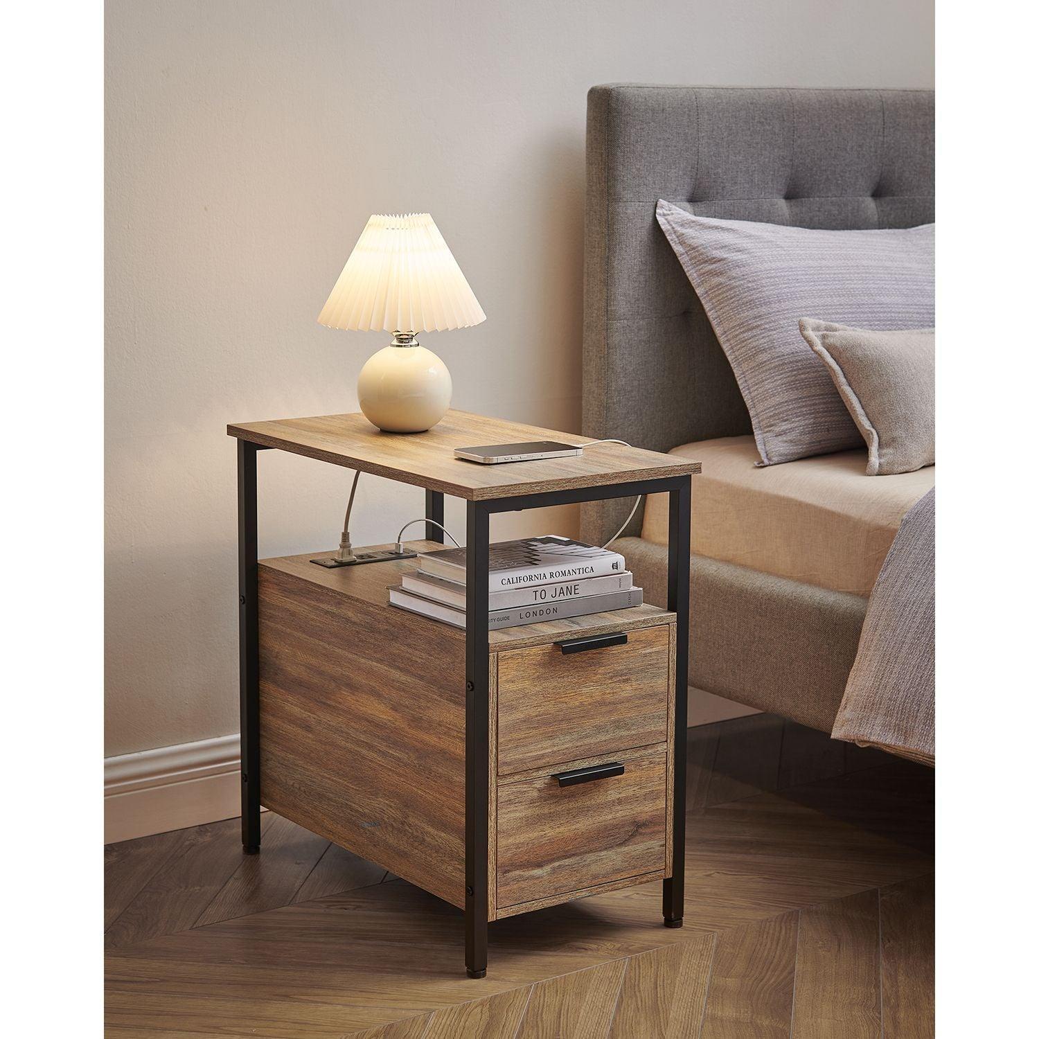 Side Table with Charging Station Oak with Blue Grains and Black FredCo