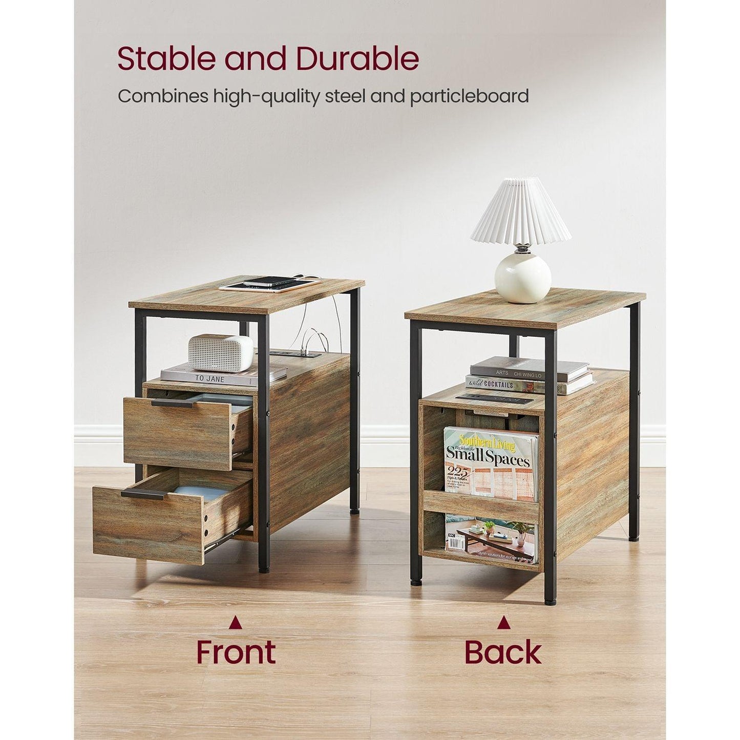 Side Table with Charging Station Oak with Blue Grains and Black FredCo
