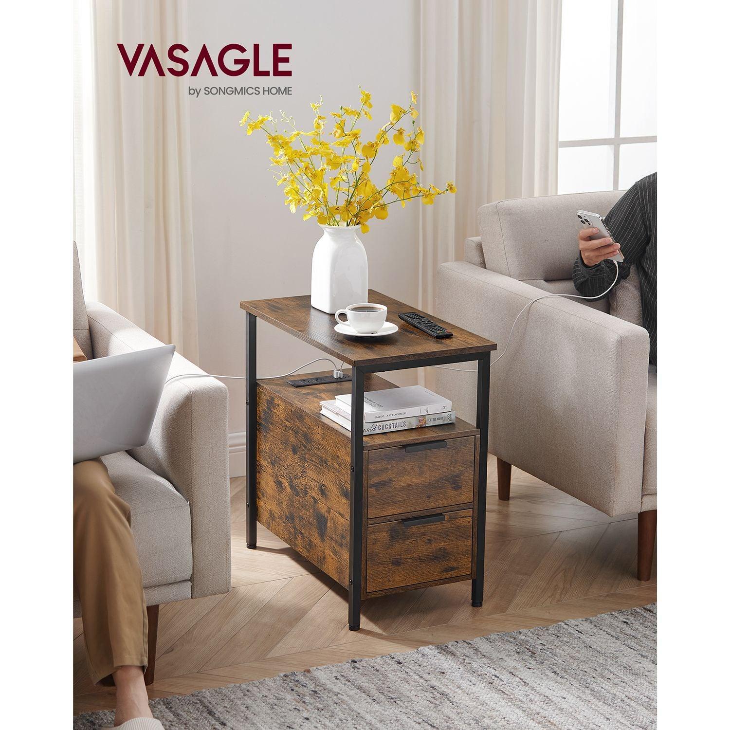 Side Table with Charging Station Rustic Brown and Black FredCo