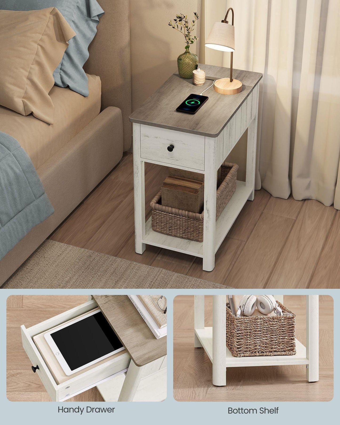 Side Table with Charging Station Vintage White and Heather Greige FredCo