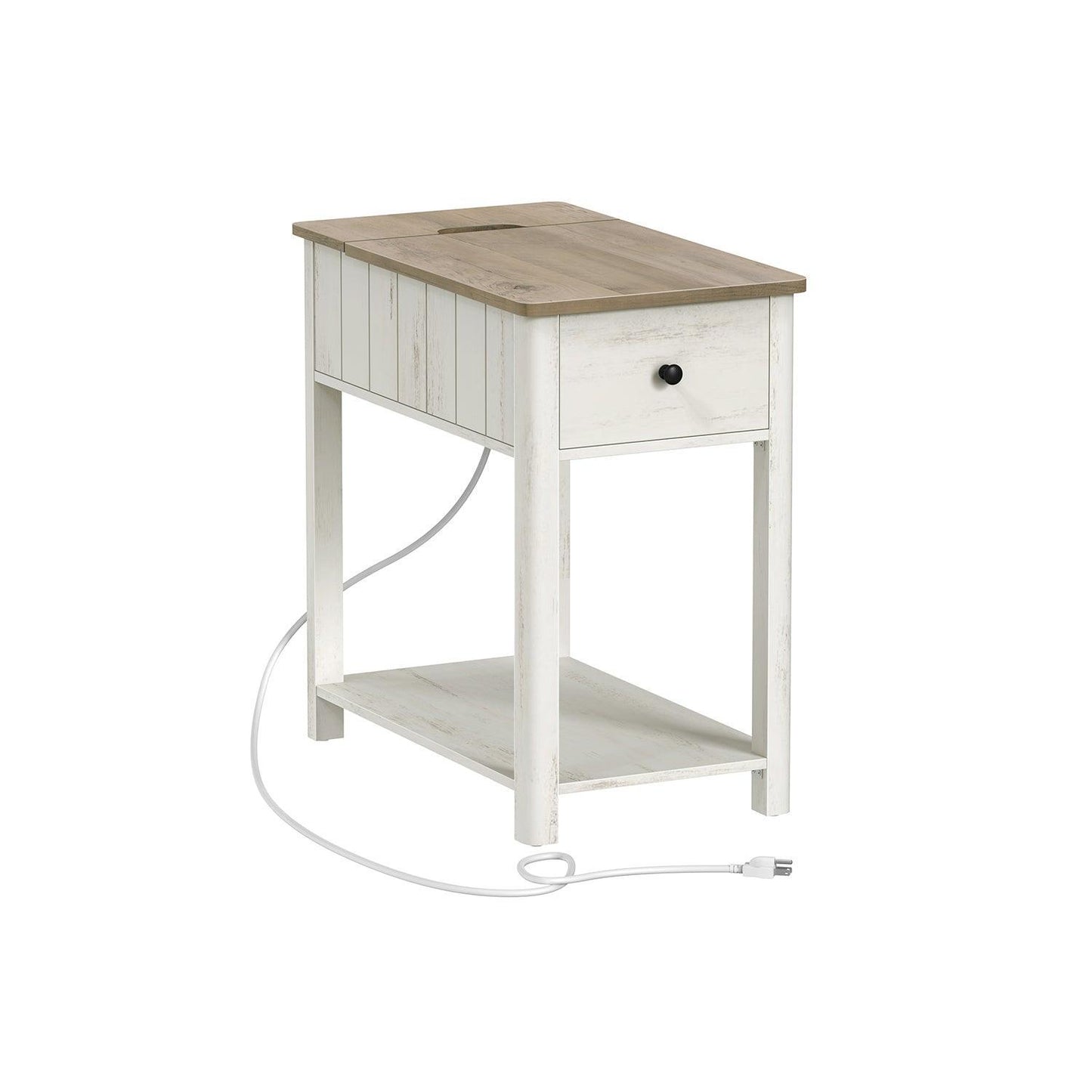 Side Table with Charging Station Vintage White and Heather Greige FredCo