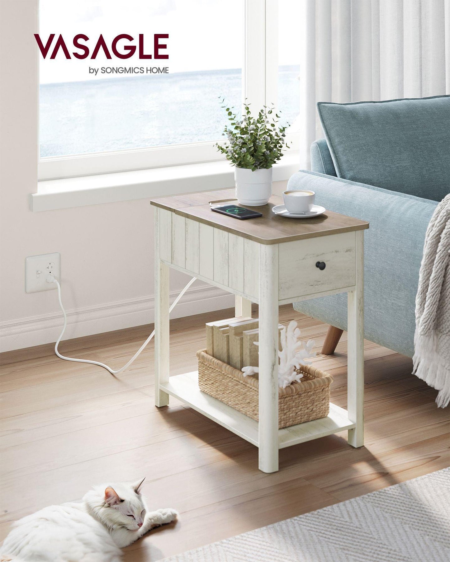 Side Table with Charging Station Vintage White and Heather Greige FredCo