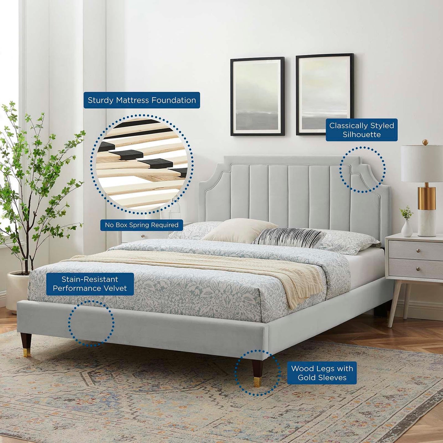 Sienna Performance Velvet Full Platform Bed, MOD-6913 FredCo