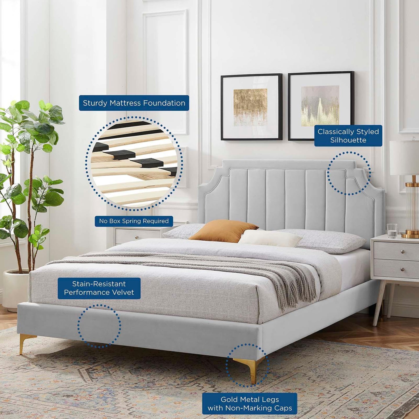 Sienna Performance Velvet Queen Platform Bed, MOD-6712 FredCo