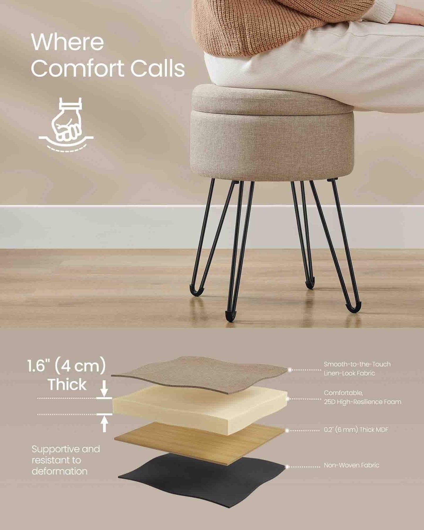 Small Vanity Stool Chair with Storage Camel Brown FredCo