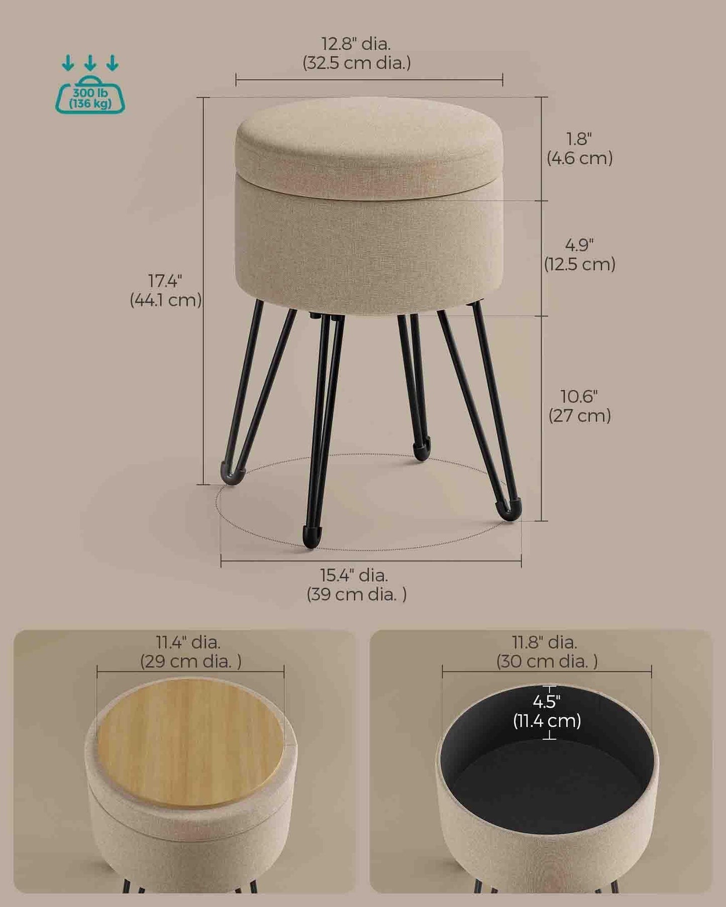 Small Vanity Stool Chair with Storage Camel Brown FredCo