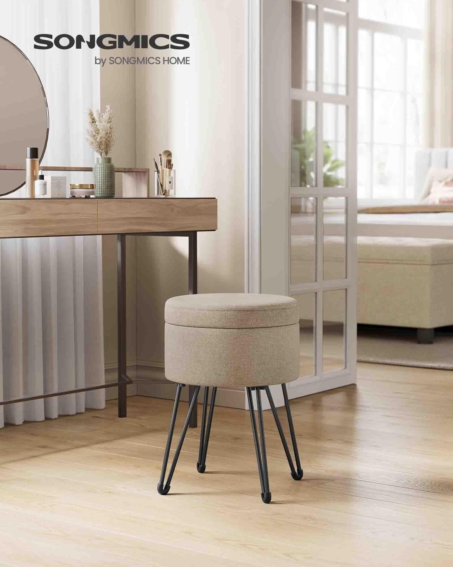 Small Vanity Stool Chair with Storage Camel Brown FredCo
