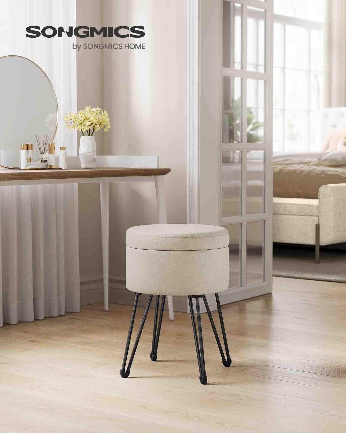 Small Vanity Stool Chair with Storage Cream White FredCo