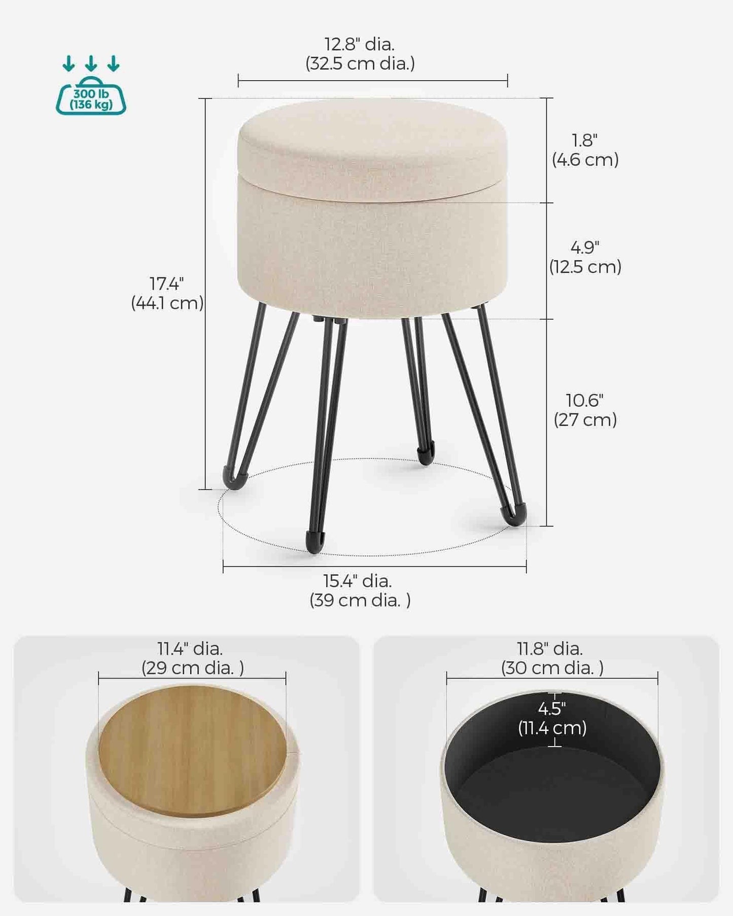 Small Vanity Stool Chair with Storage Cream White FredCo