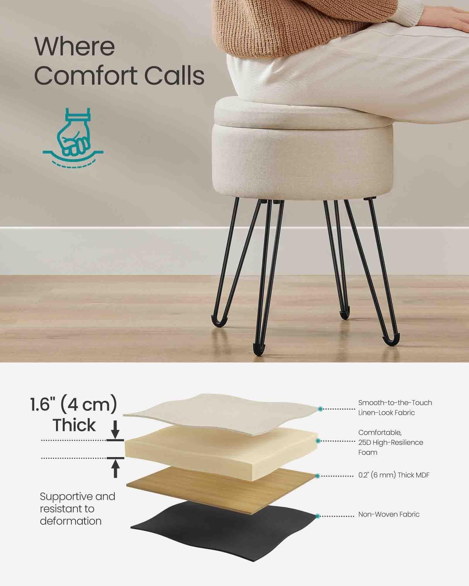 Small Vanity Stool Chair with Storage Cream White FredCo