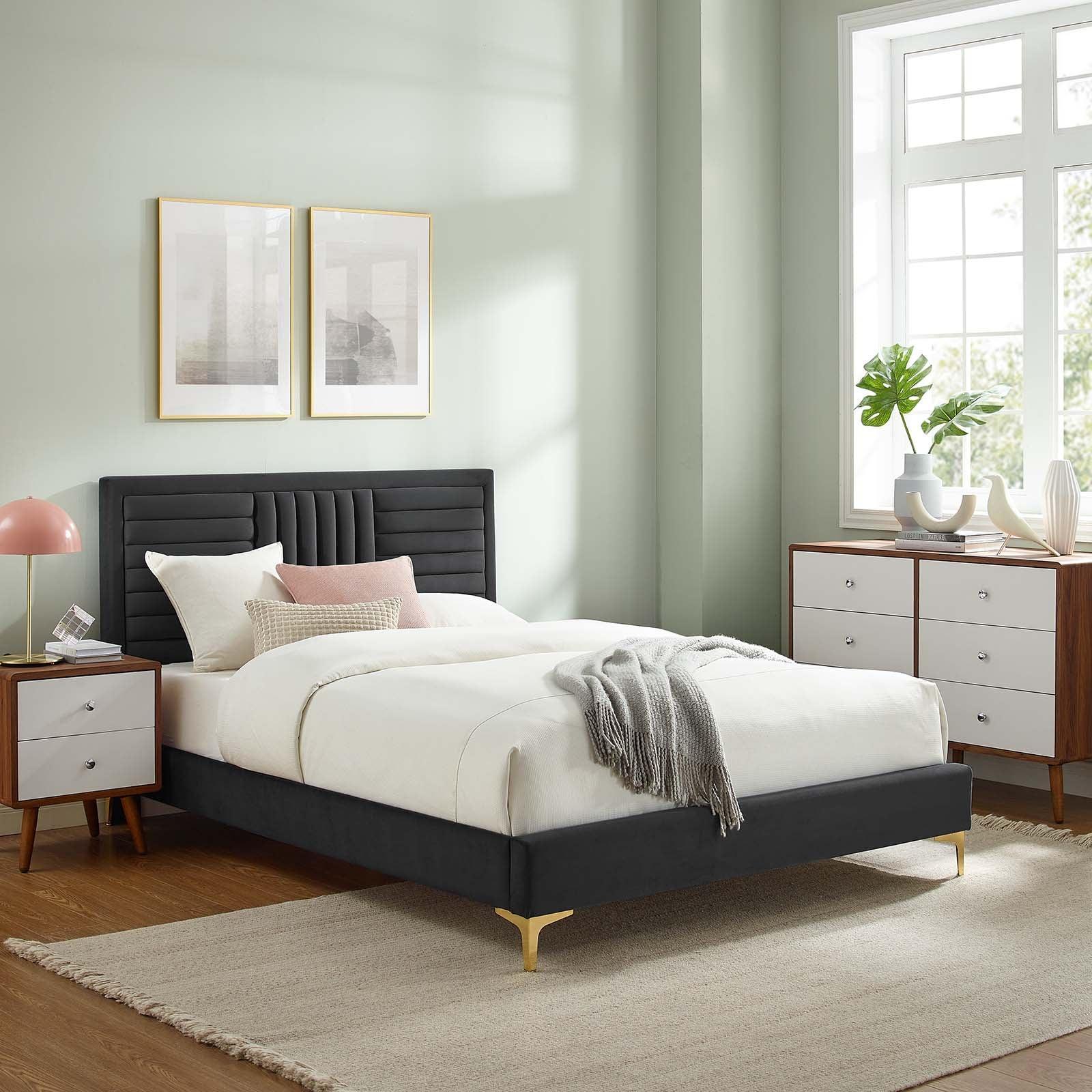 Sofia Channel Tufted Performance Velvet Queen Platform Bed, MOD-6979 FredCo