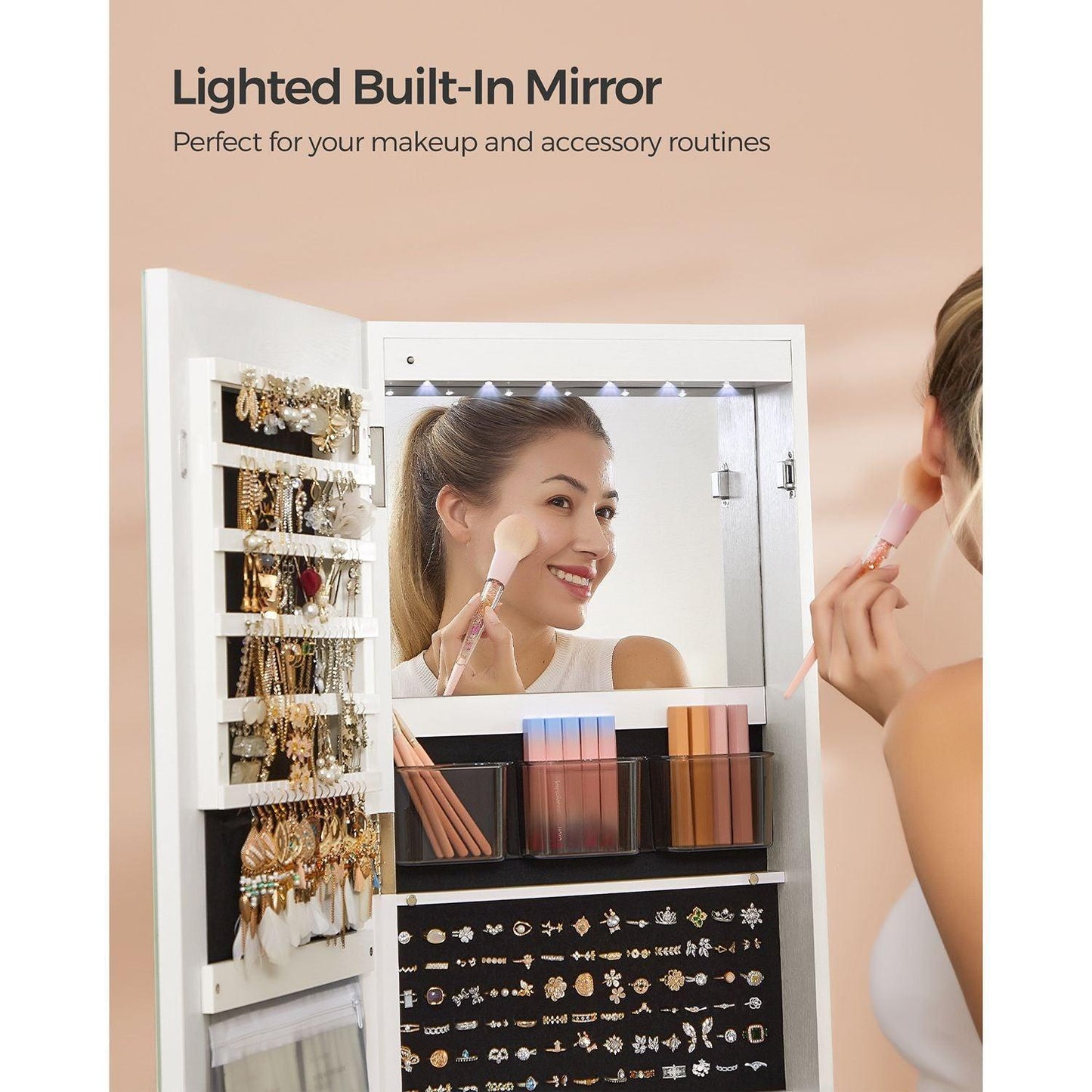Standing LED Mirror Jewelry Cabinet White FredCo