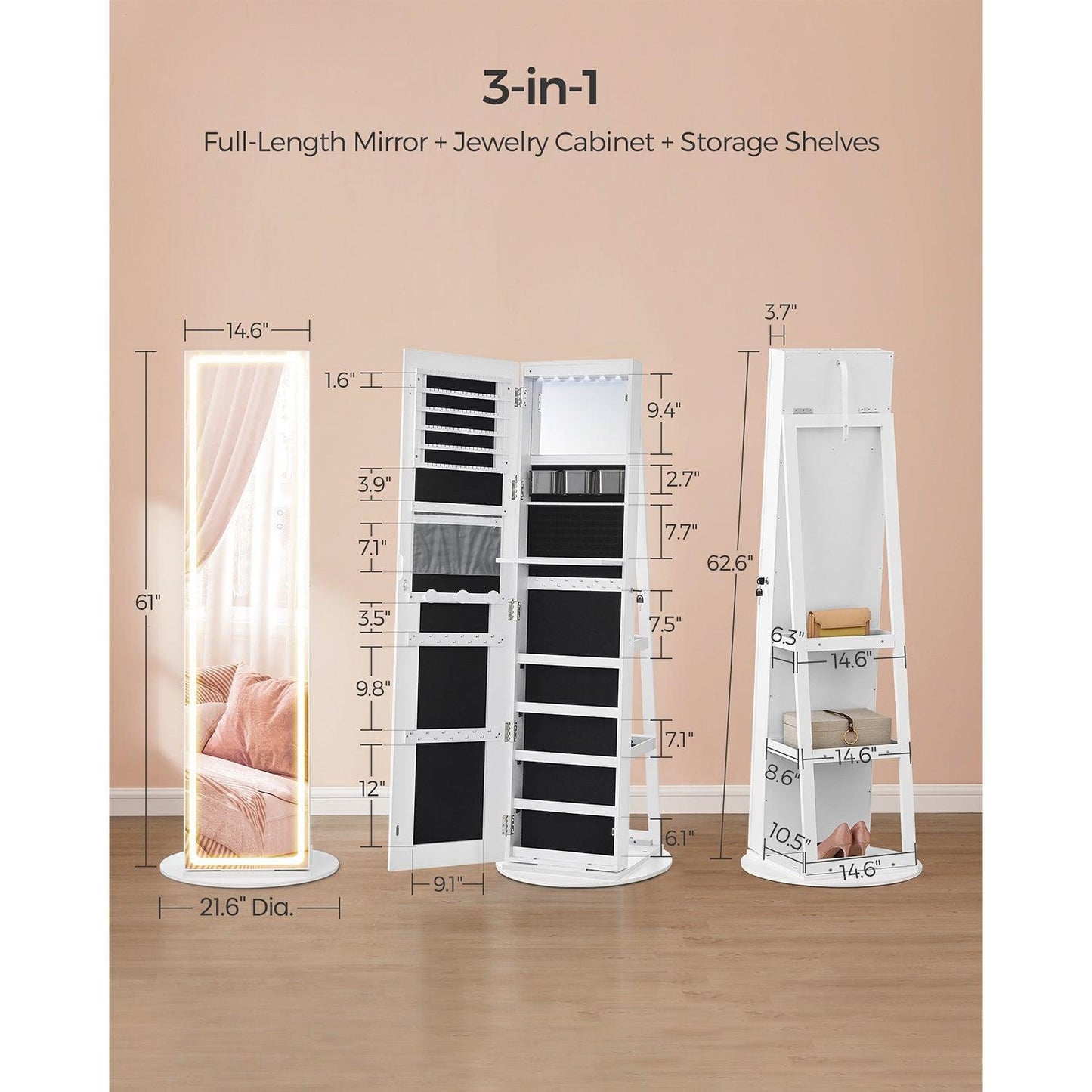 Standing LED Mirror Jewelry Cabinet White FredCo