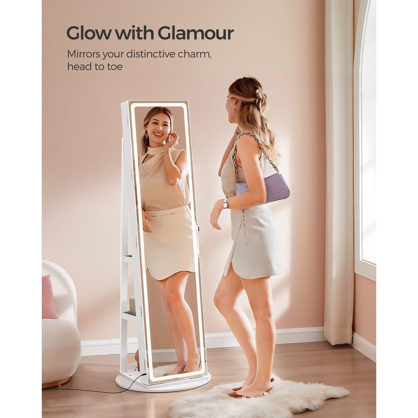 Standing LED Mirror Jewelry Cabinet White FredCo
