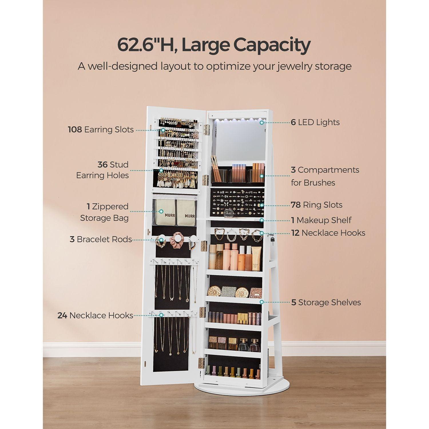 Standing LED Mirror Jewelry Cabinet White FredCo