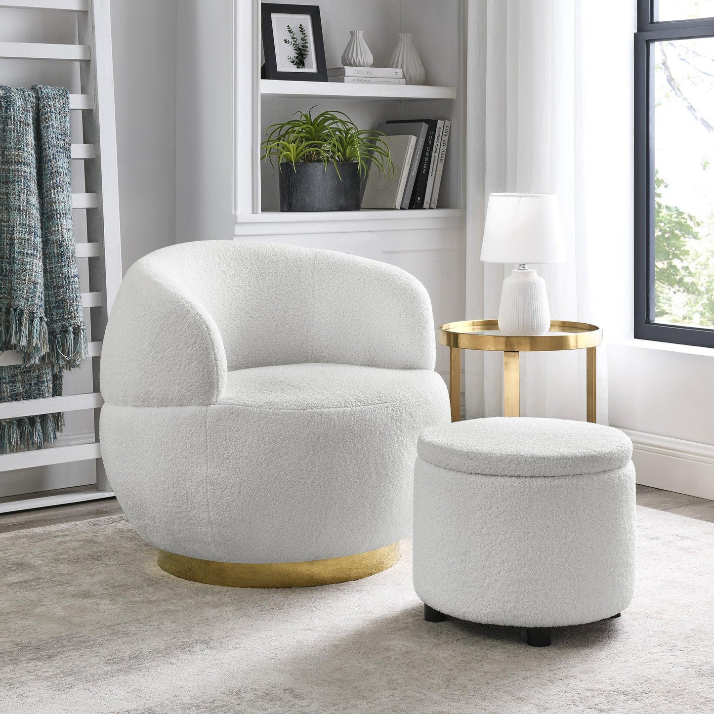 Swivel Barrel Chair with Gold Stainless Steel Base, with Storage Ottoman, Ivory FredCo