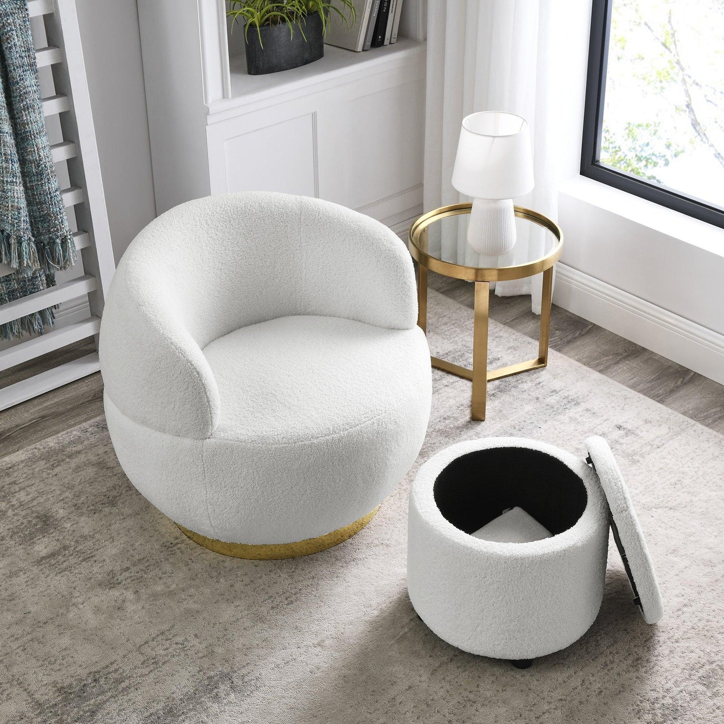 Swivel Barrel Chair with Gold Stainless Steel Base, with Storage Ottoman, Ivory FredCo