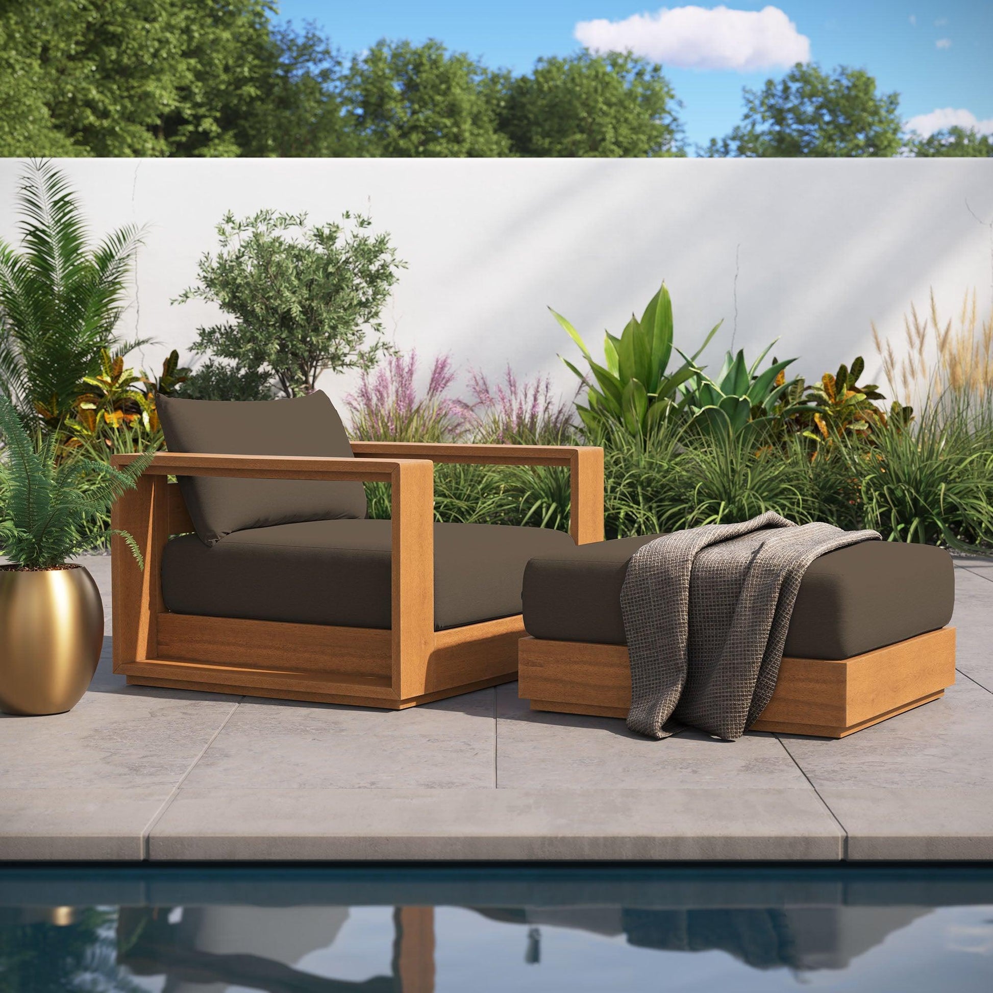 Tahoe 2-Piece Outdoor Patio Acacia Wood Armchair and Ottoman Set by Modway EEI-6800 FredCo