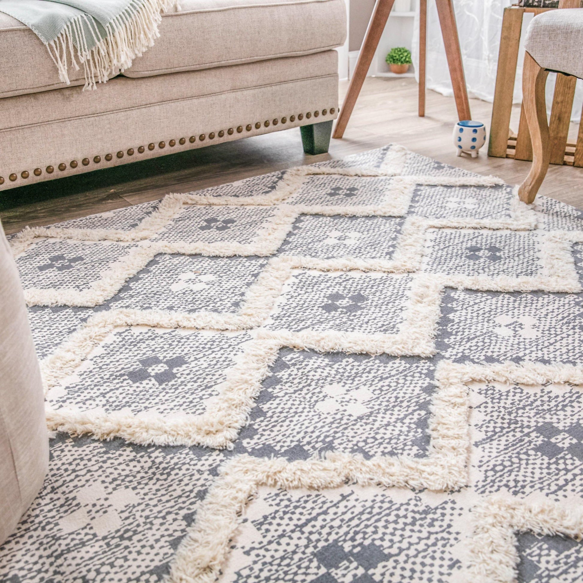 Talluah Hand-Tufted Cotton/Wool Textured Geometric Farmhouse Area Rug FredCo