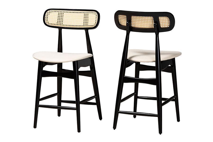 Tarana Mid-Century Modern Cream Fabric and Black Finished Wood 2-Piece Counter Stool Set FredCo