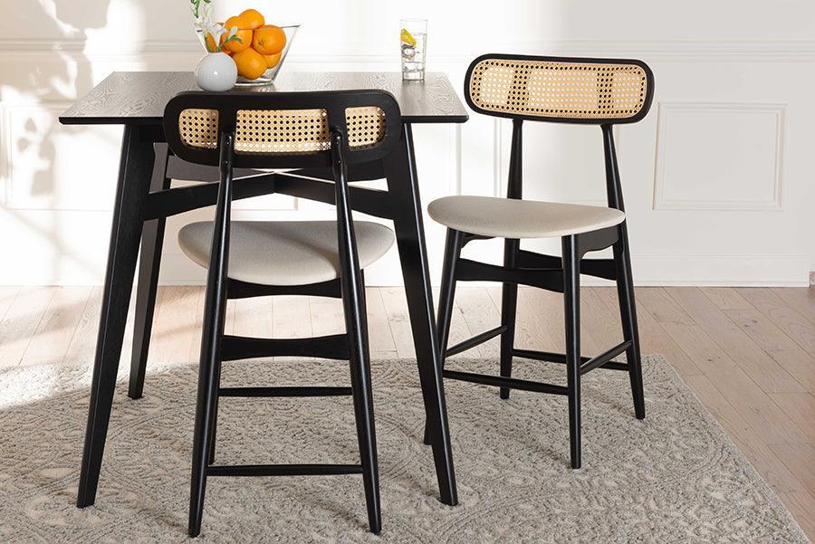 Tarana Mid-Century Modern Cream Fabric and Black Finished Wood 2-Piece Counter Stool Set FredCo