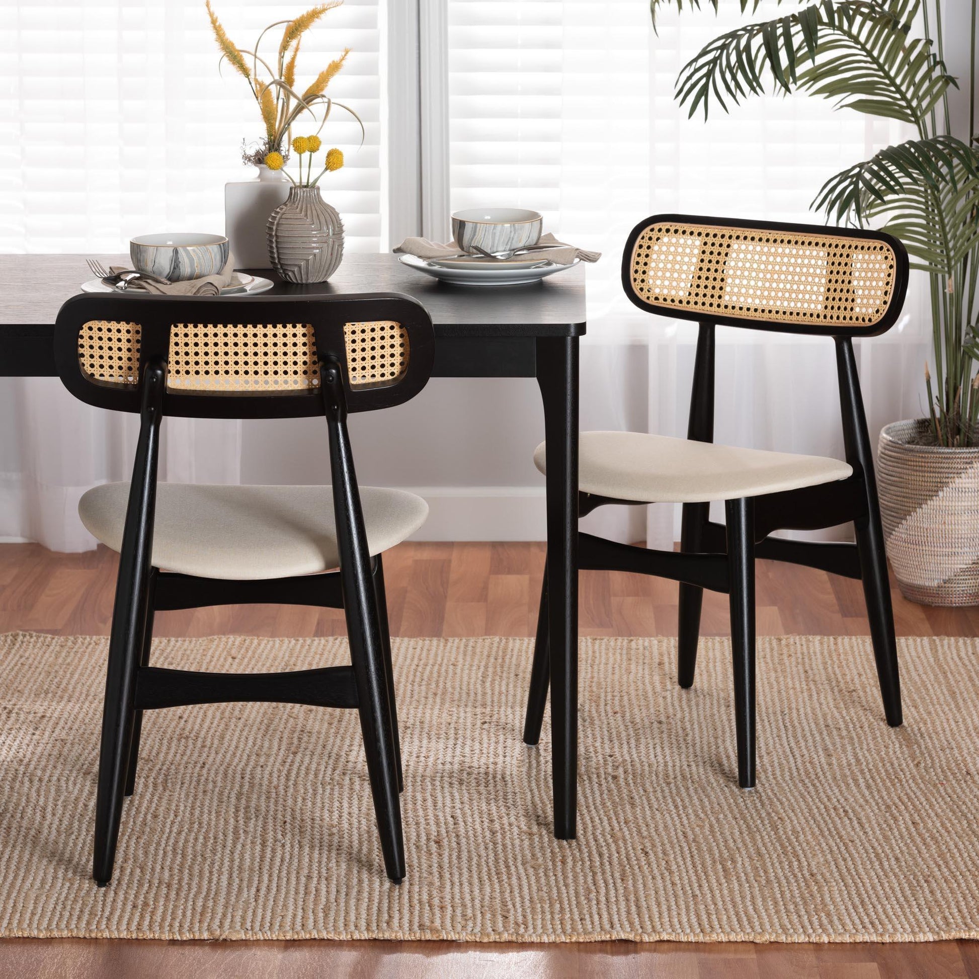 Tarana Mid-Century Modern Cream Fabric and Black Finished Wood 2-Piece Dining Chair Set FredCo