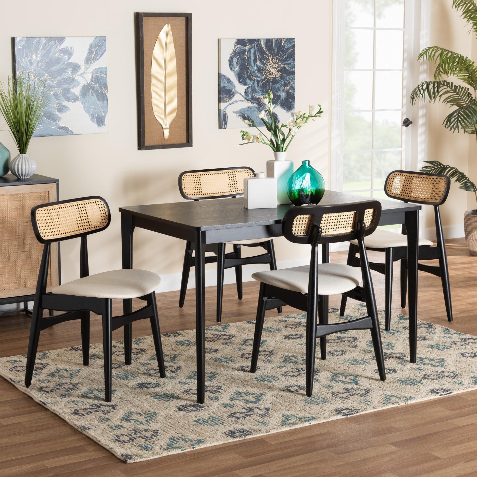 Tarana Mid-Century Modern Cream Fabric and Black Finished Wood 5-Piece Dining Set FredCo