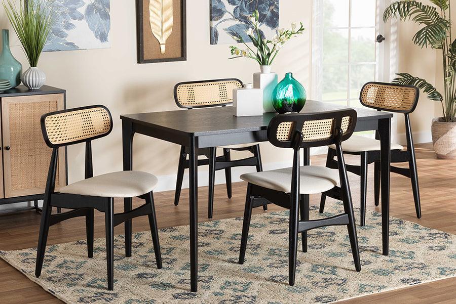 Tarana Mid-Century Modern Cream Fabric and Black Finished Wood 5-Piece Dining Set FredCo