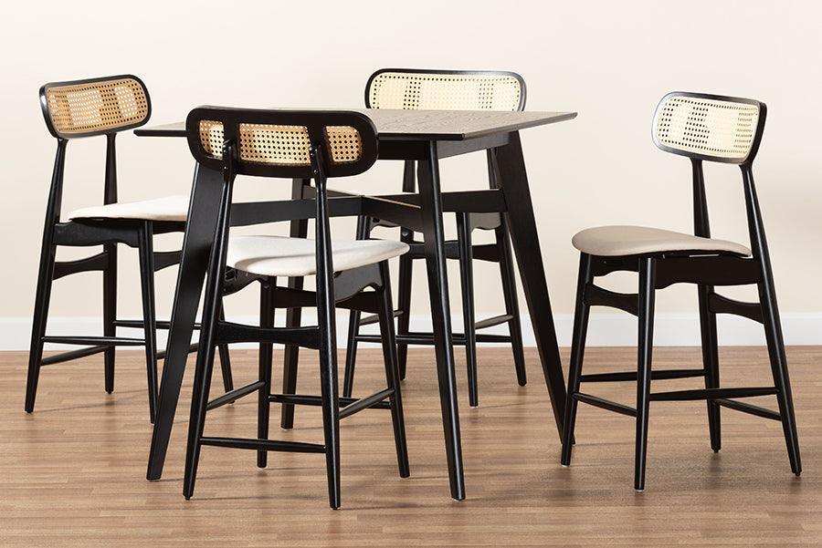 Tarana Mid-Century Modern Cream Fabric and Black Finished Wood 5-Piece Pub Set FredCo