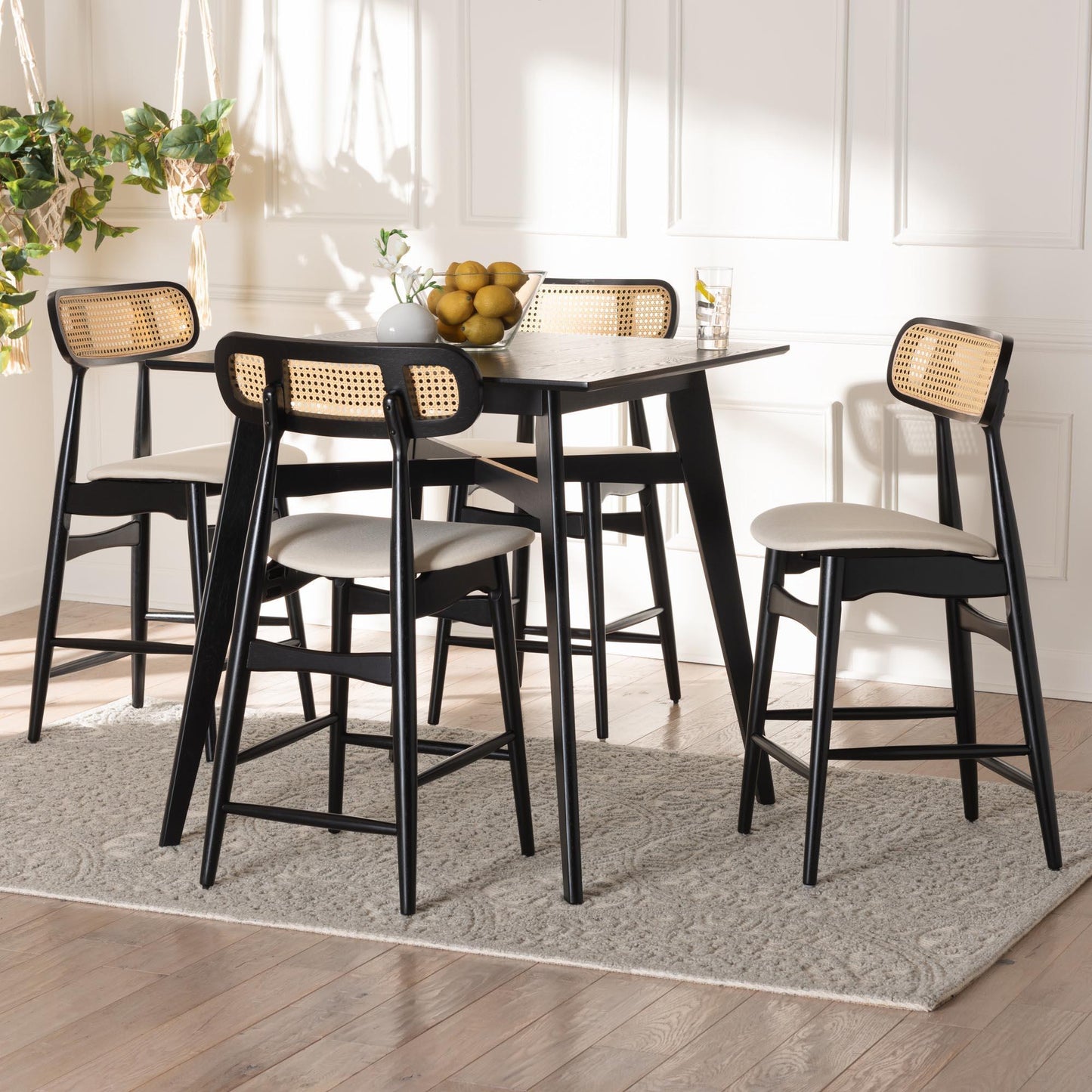 Tarana Mid-Century Modern Cream Fabric and Black Finished Wood 5-Piece Pub Set FredCo