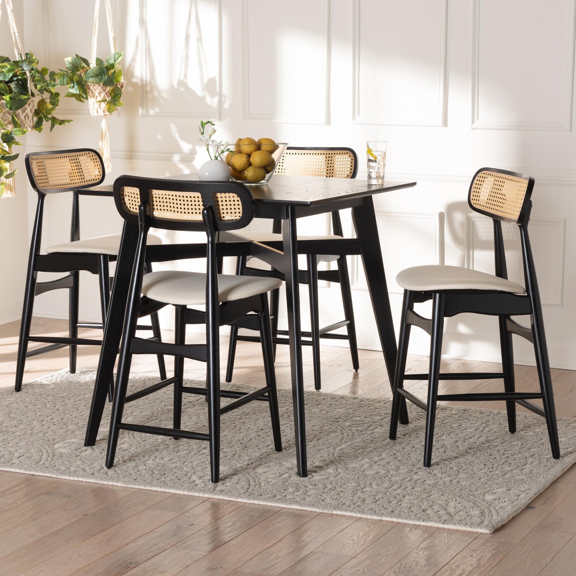 Tarana Mid-Century Modern Cream Fabric and Black Finished Wood 5-Piece Pub Set FredCo