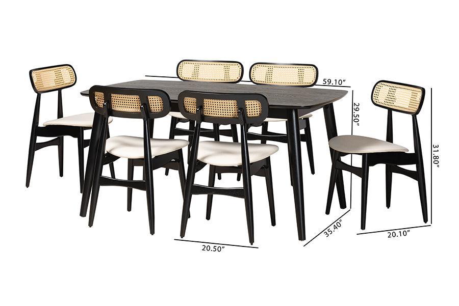 Tarana Mid-Century Modern Cream Fabric and Black Finished Wood 7-Piece Dining Set FredCo