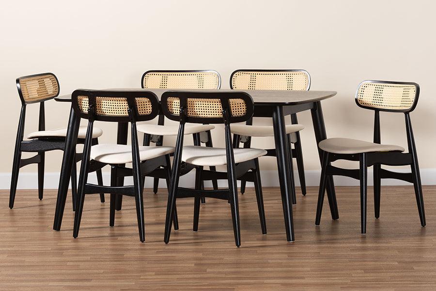 Tarana Mid-Century Modern Cream Fabric and Black Finished Wood 7-Piece Dining Set FredCo