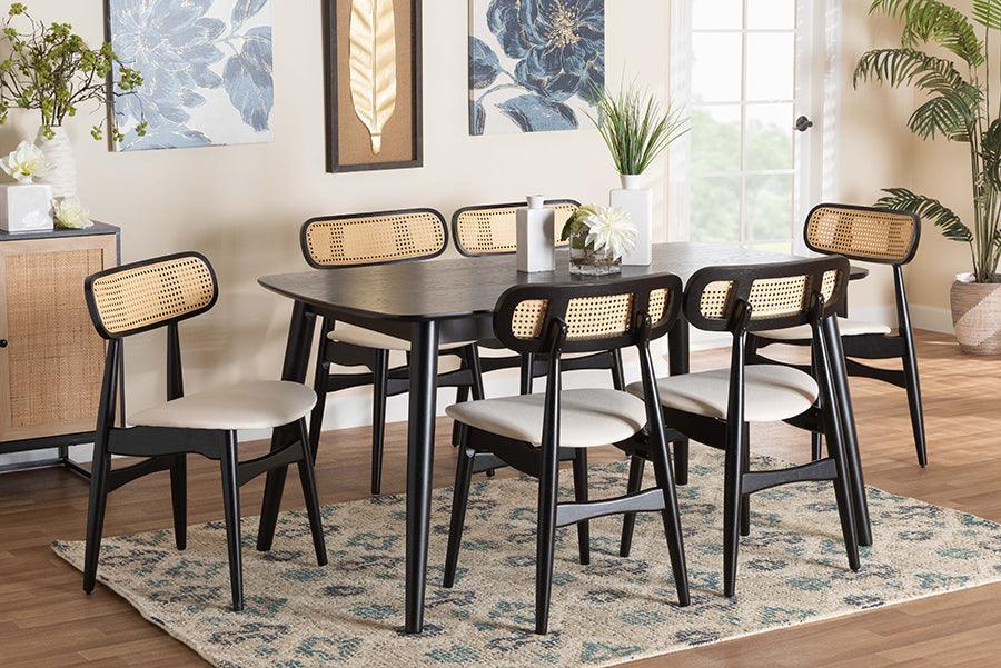 Tarana Mid-Century Modern Cream Fabric and Black Finished Wood 7-Piece Dining Set FredCo