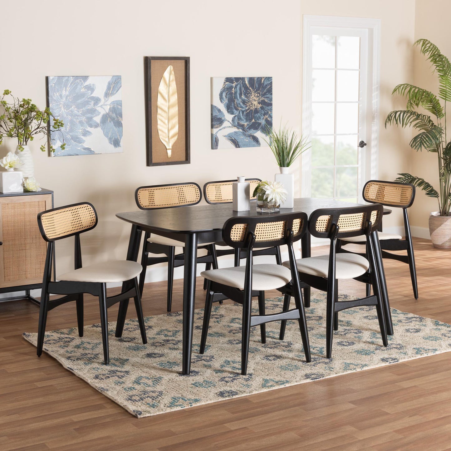 Tarana Mid-Century Modern Cream Fabric and Black Finished Wood 7-Piece Dining Set FredCo