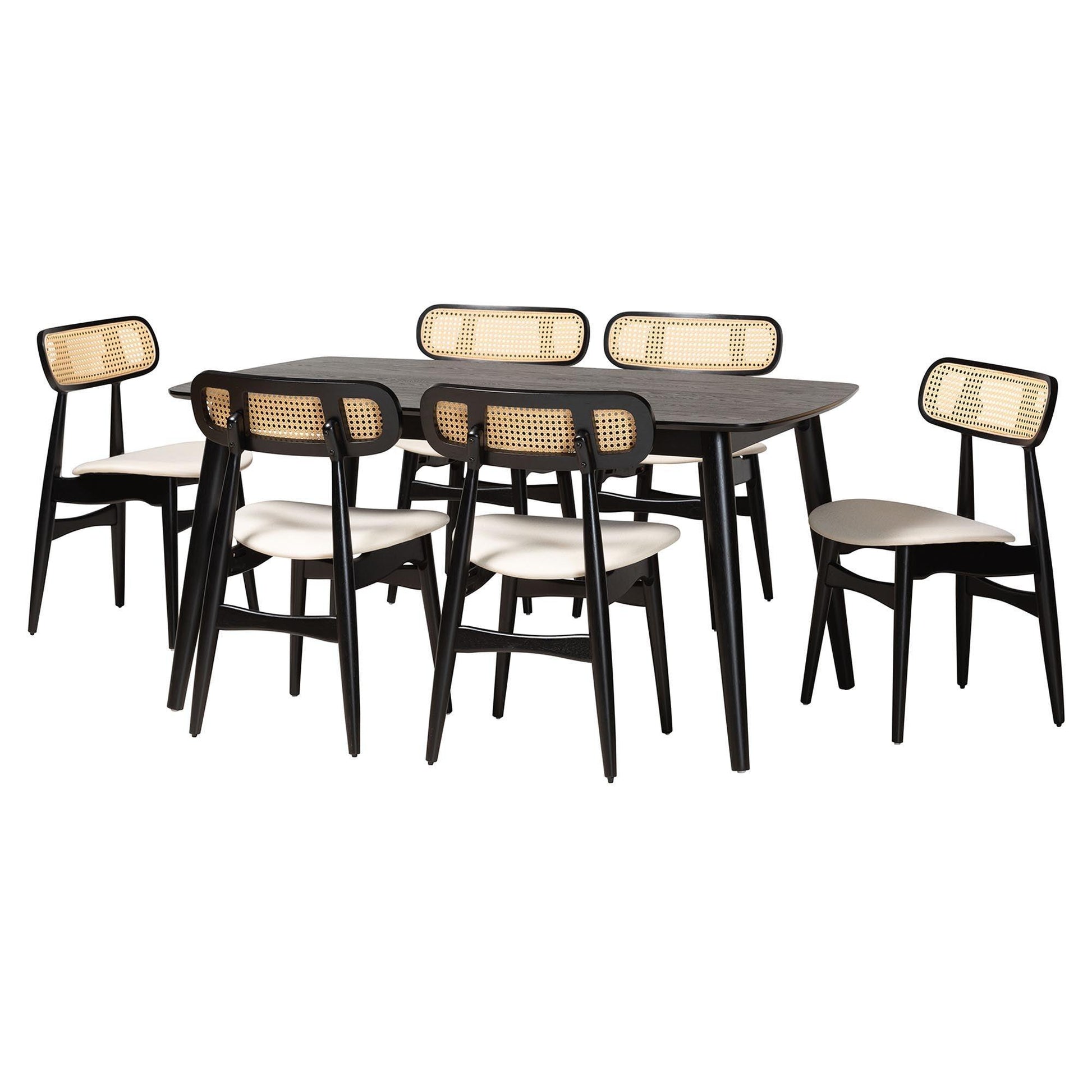 Tarana Mid-Century Modern Cream Fabric and Black Finished Wood 7-Piece Dining Set FredCo