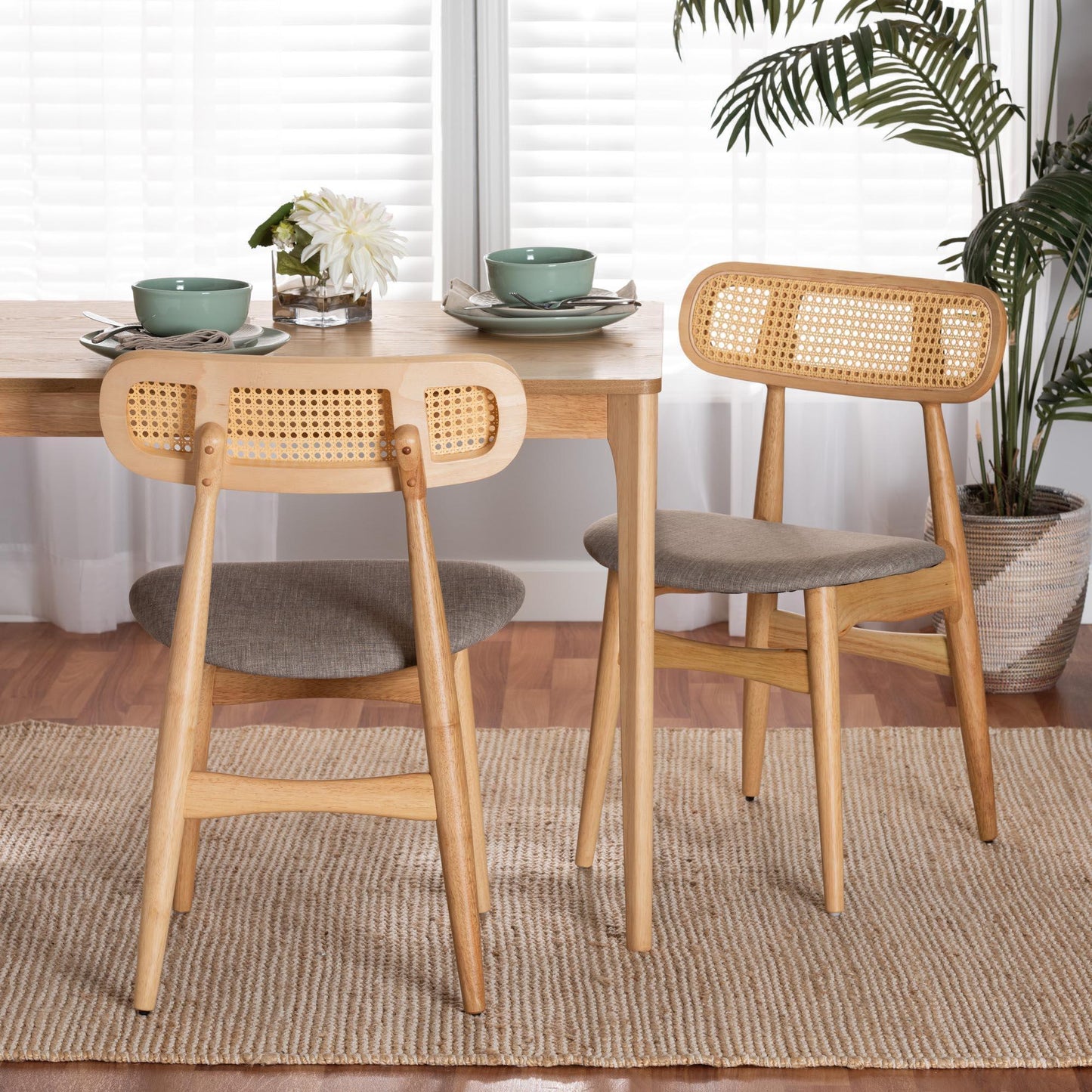Tarana Mid-Century Modern Grey Fabric and Natural Oak Finished Wood 2-Piece Dining Chair Set FredCo